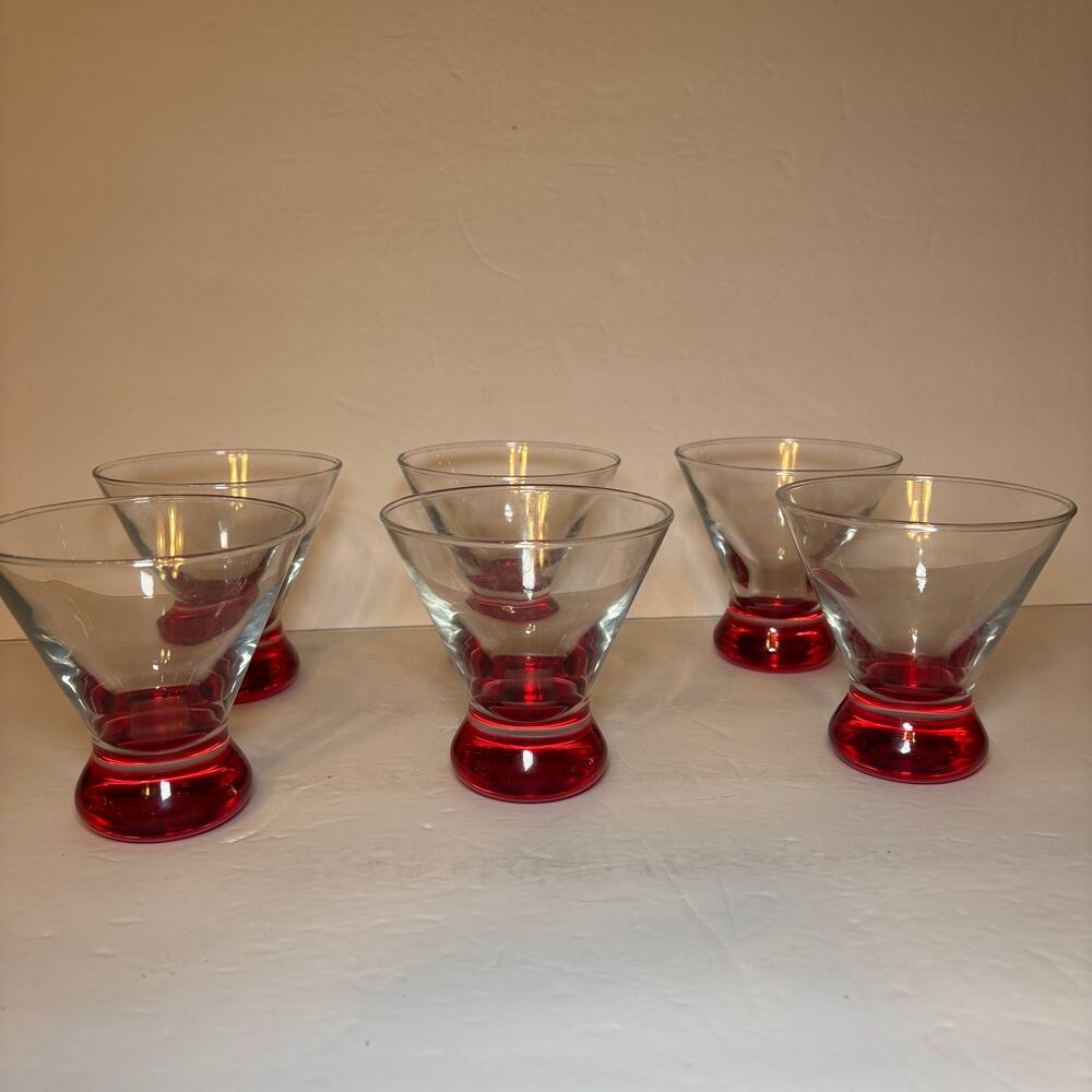 Set 6 Vintage Dizzy Red Martini Glasses Bubble Bottom Red & Clear Drinkware MCM